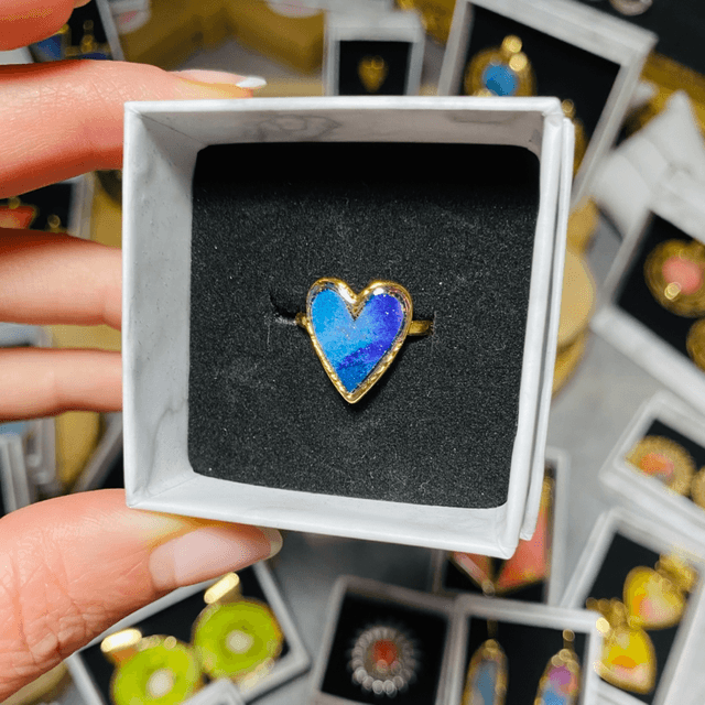 Bague coeur - dorée & bleue