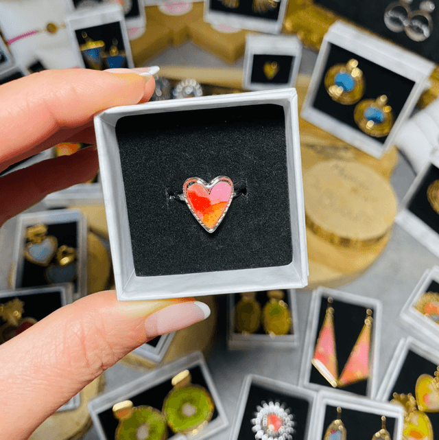 Bague coeur - argentée &amp; orange