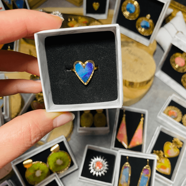 Bague coeur - dorée &amp; bleue